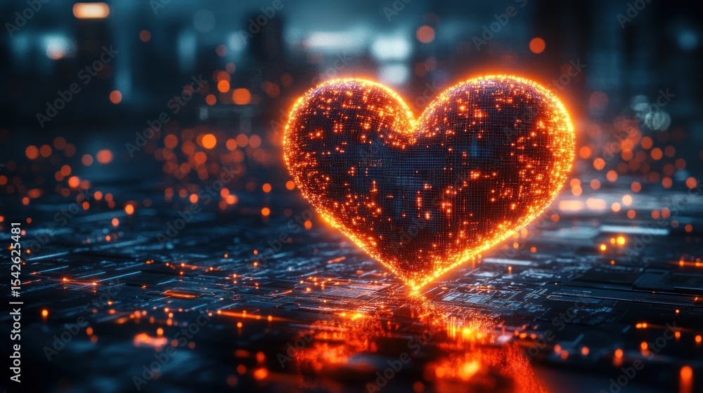 Poster glowing digital heart composed of bright orange light particles hovering over a dark circuit board b