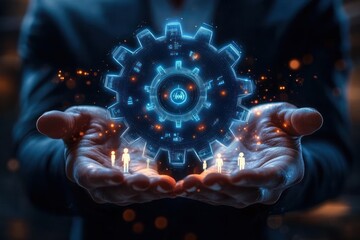Hands holding a glowing blue digital gear with small human icons beneath it, symbolizing technology and teamwork in a futuristic setting