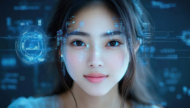 Close-up of a young woman with glowing digital data and holographic interface elements overlaying her face, expressing calm and confidence in a futuristic tech environment