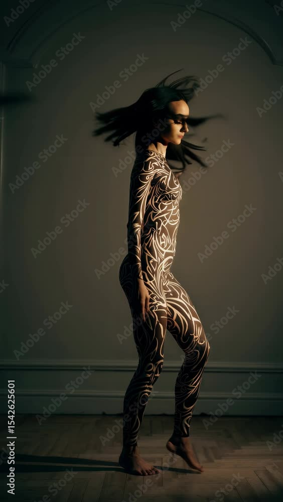 Poster dynamic movement of a woman in artistic bodysuit with intricate patterns