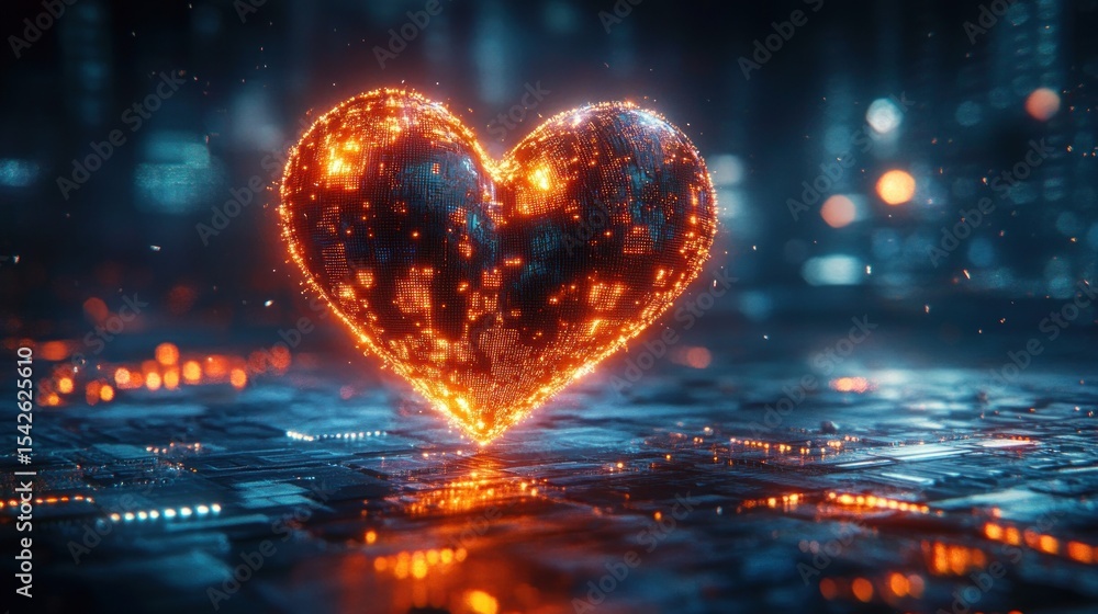 Poster glowing digital heart composed of illuminated orange and blue pixelated lights floating above a futu