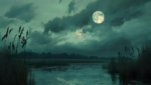 A full moon over a lake with reeds in the fore