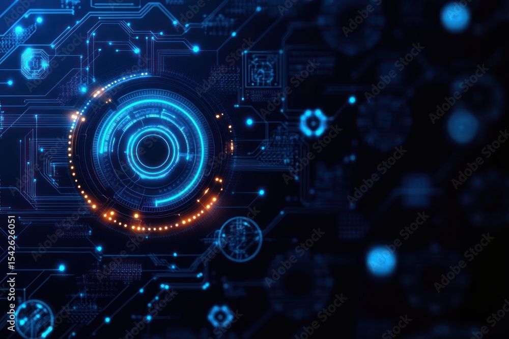Poster futuristic digital interface with glowing blue and orange circular elements and complex circuitry on