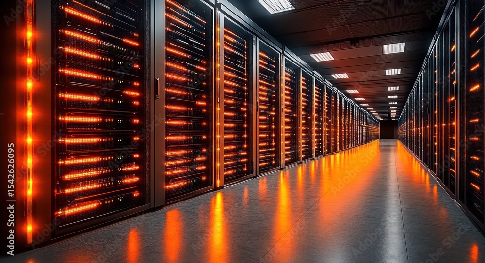 Poster long corridor of a high-tech data center with rows of server racks glowing with orange led lights un