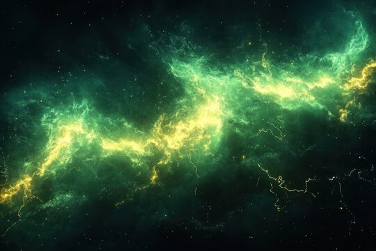 Vibrant green and yellow cosmic nebula glowing brightly against deep space background with scattered stars and electric lightning-like filaments - Powered by Adobe