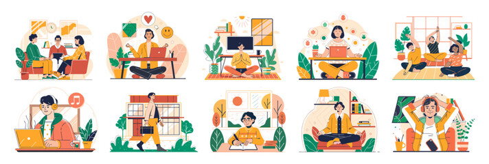 A set of illustrations showing modern life—remote work, relaxation, learning, and well-being in home settings. Ideal for blogs, apps, lifestyle content, and wellness or productivity designs.