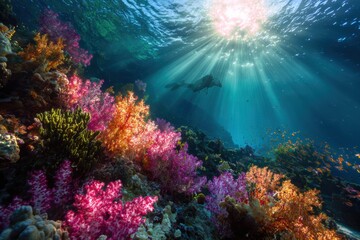 Fototapeta premium Stunning Underwater Scene with Vivid Coral Reefs and Sunlight Beaming Through the Surface, Showcasing the Beauty of Marine Life and Biodiversity