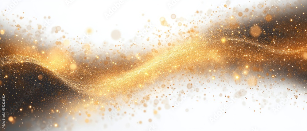 Poster Abstract flowing wave of golden particles and glittery dust creating a sparkling dynamic light effect on a white background