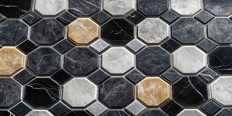 Close-up of a tiled surface with a repeating pattern of black, gray, white, and yellowish-beige octagonal tiles with smaller square connectors, textured with marble-like veining