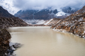 A glacial lake nearly Kyanjin Gompa the end of the Langtang Valley Trek in Nepal. This glacial lake...