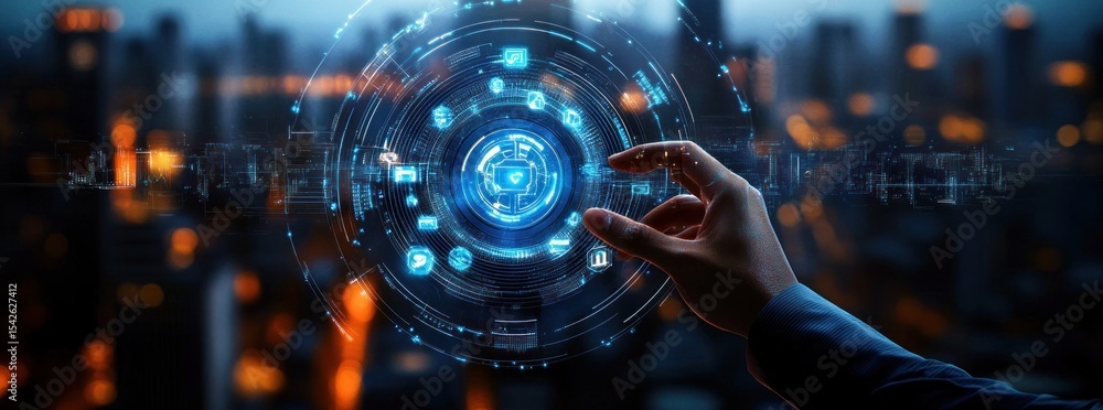 Poster human hand interacting with a glowing futuristic digital interface displaying circular data graphics