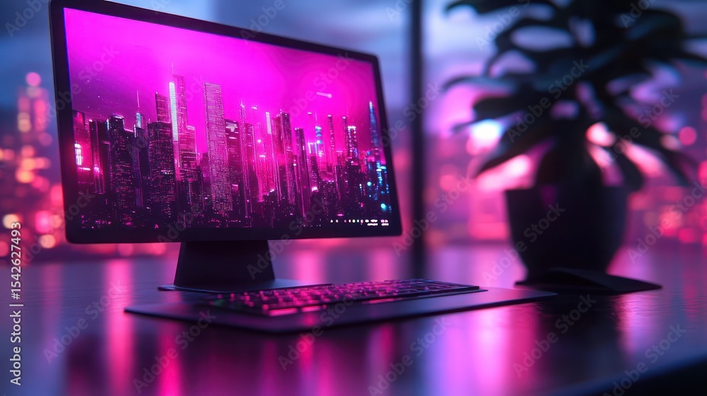Poster desktop computer setup displaying a vibrant neon pink cityscape with skyscrapers, glowing keyboard a