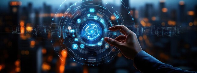 Human hand interacting with a glowing futuristic digital interface displaying circular data graphics and security icons against a blurred cityscape background at night
