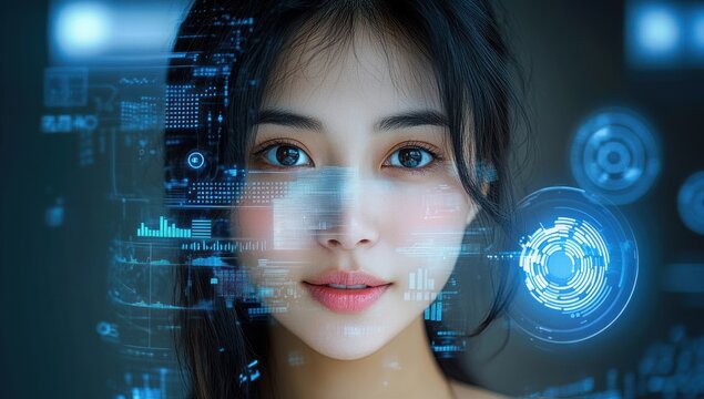 Close-up view of a young woman with digital futuristic interface and holographic data projections surrounding her face, expressing calm and focus - Powered by Adobe