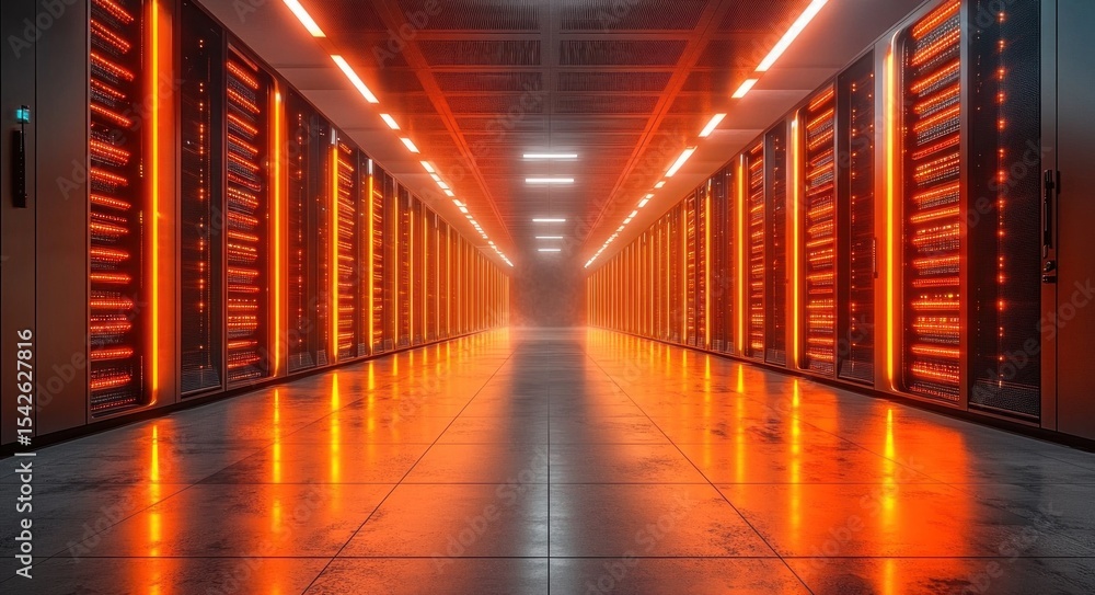 Poster wide corridor inside a futuristic data center with glowing orange server racks and reflective floor 