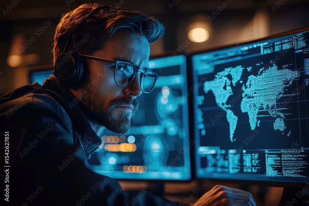 Poster focused man wearing glasses and headphones working late at night analyzing digital maps and code on 