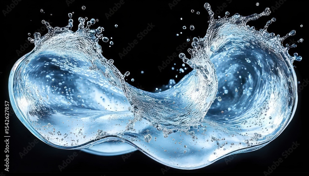 Poster dynamic splash of clear water twisting in midair against a black background with droplets suspended 