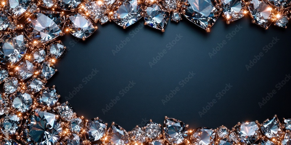 Poster shining round and pear shaped diamonds forming a sparkling frame on a dark background with warm refl