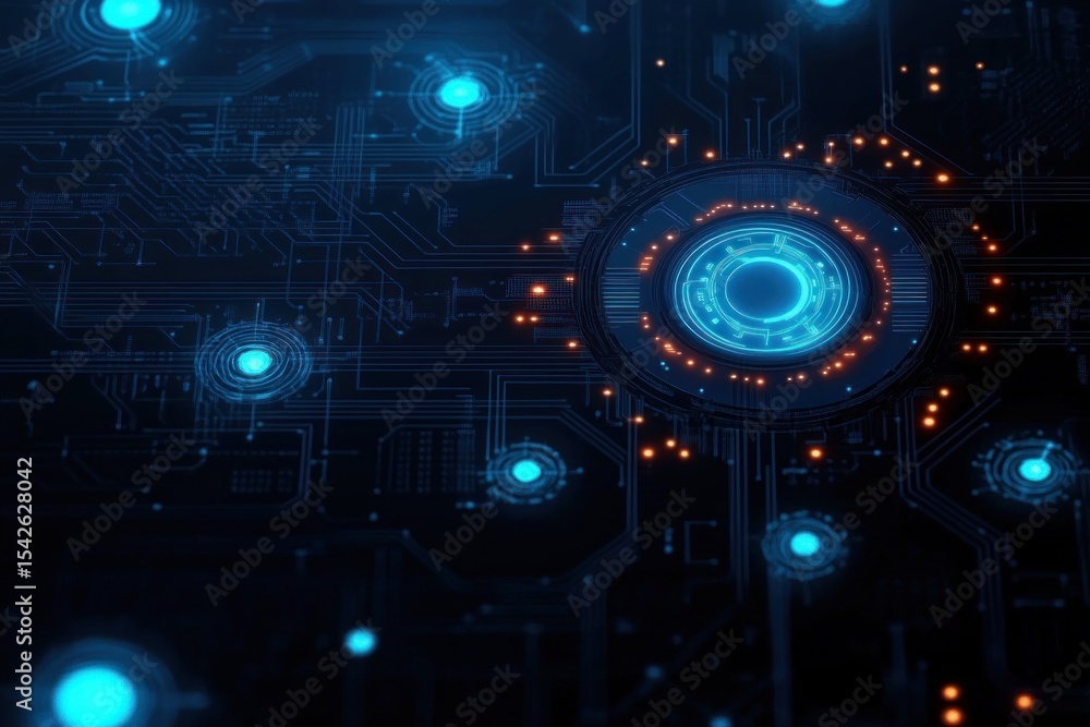 Poster futuristic digital circuit board glowing with blue and orange lights representing technology and dat