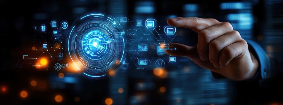 Close-up of a hand interacting with futuristic digital holographic interface displaying circular and hexagonal icons in a dark high-tech environment