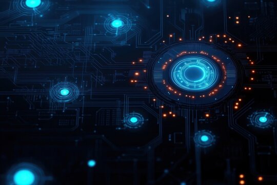 Futuristic digital circuit board glowing with blue and orange lights representing technology and data flow - Powered by Adobe