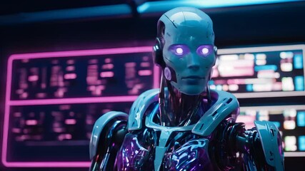 A futuristic humanoid robot with glowing eyes stands in a neon lit environment looking forward - Powered by Adobe