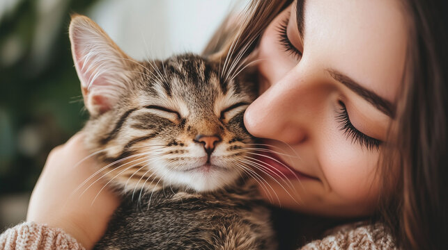 Heartwarming Close-Up of Young Woman Cuddling Her Rescued Kitten at Home, Capturing the Spirit of National Adopt a Cat Month and the Emotional Connection Formed Through Pet Adoption Stories