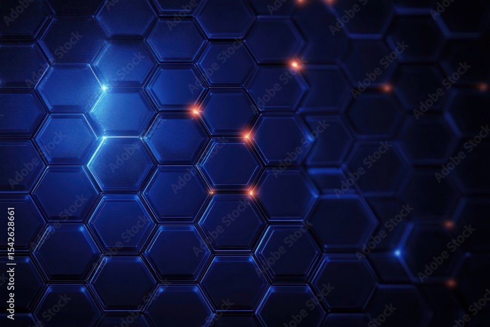 Poster abstract digital blue hexagonal grid with glowing bright and warm highlights creating a futuristic a