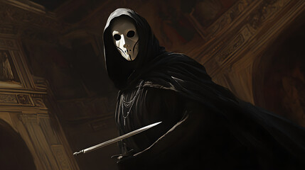 A masked phantom in a black cloak with silver daggers, lurking in the shadows of an opera house, dramatic chiaroscuro lighting --ar 16:9