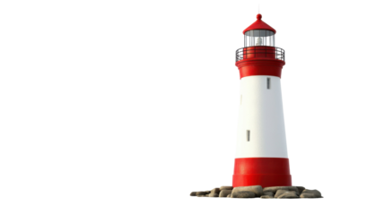 Title: Vibrant Red and White Lighthouse Isolated on Clean White Background