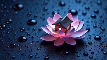 Serene Temple Home: Miniature House on Lotus Flower with Water Droplets - Symbol of Peace and Tranquility