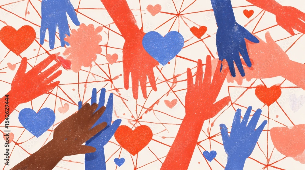 Aufkleber support network illustrated through interconnected hands and hearts symbolizing unity and compassion