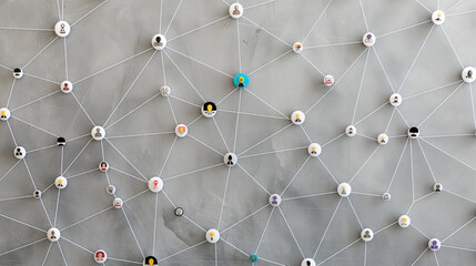 Network of connected nodes with person icons on a gray background forming a complex web diagram