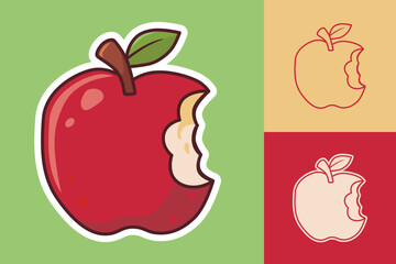 Cute bitten red apple sticker with outline versions