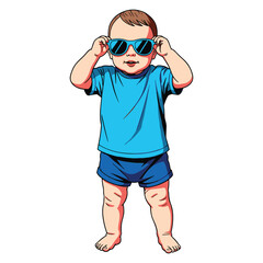 Cartoon illustration of a baby wearing sunglasses, bright and vibrant colors, white background