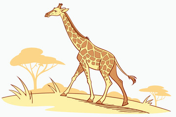 Fototapeta premium Stylized cartoon giraffe walking in yellow savanna landscape illustration