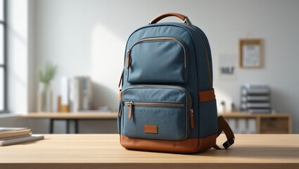 Fototapeta premium Stylish Blue Backpack on Wooden Desk - School, Travel, and Everyday Carry Bag