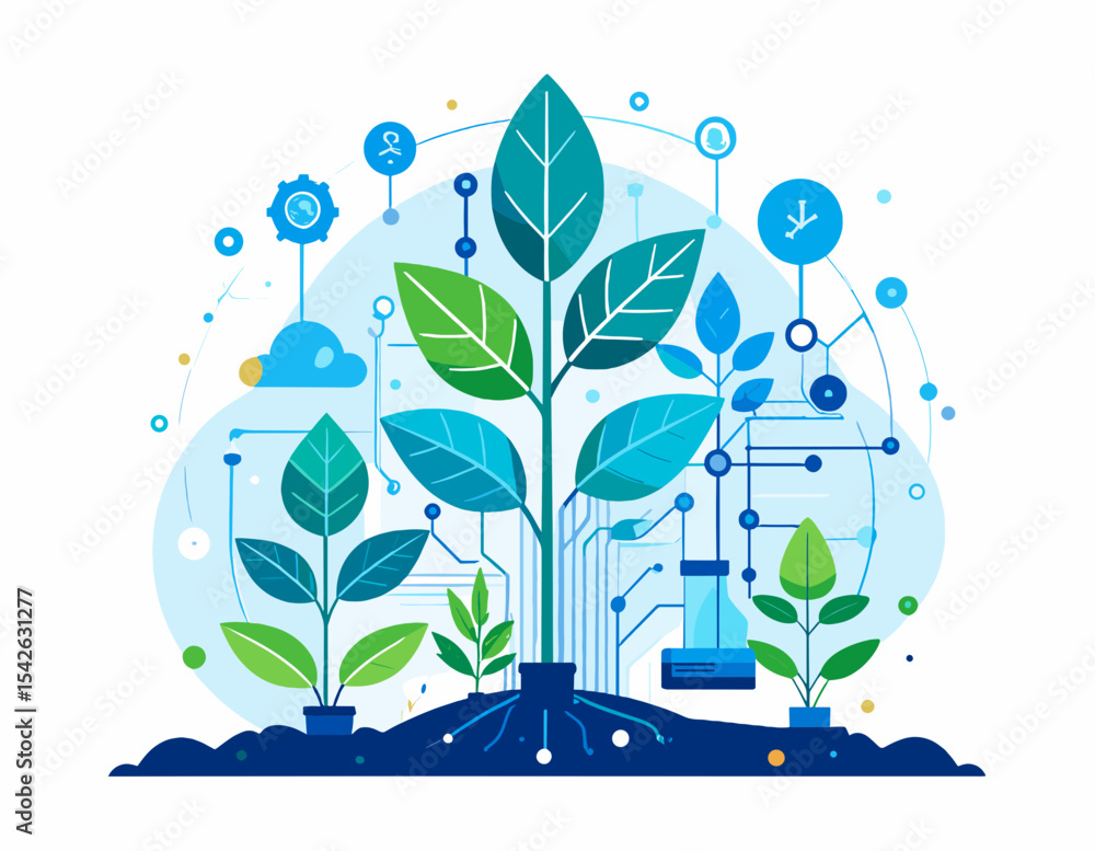 Poster abstract digital plants with blue connection nodes and circuit roots on white background showing eco