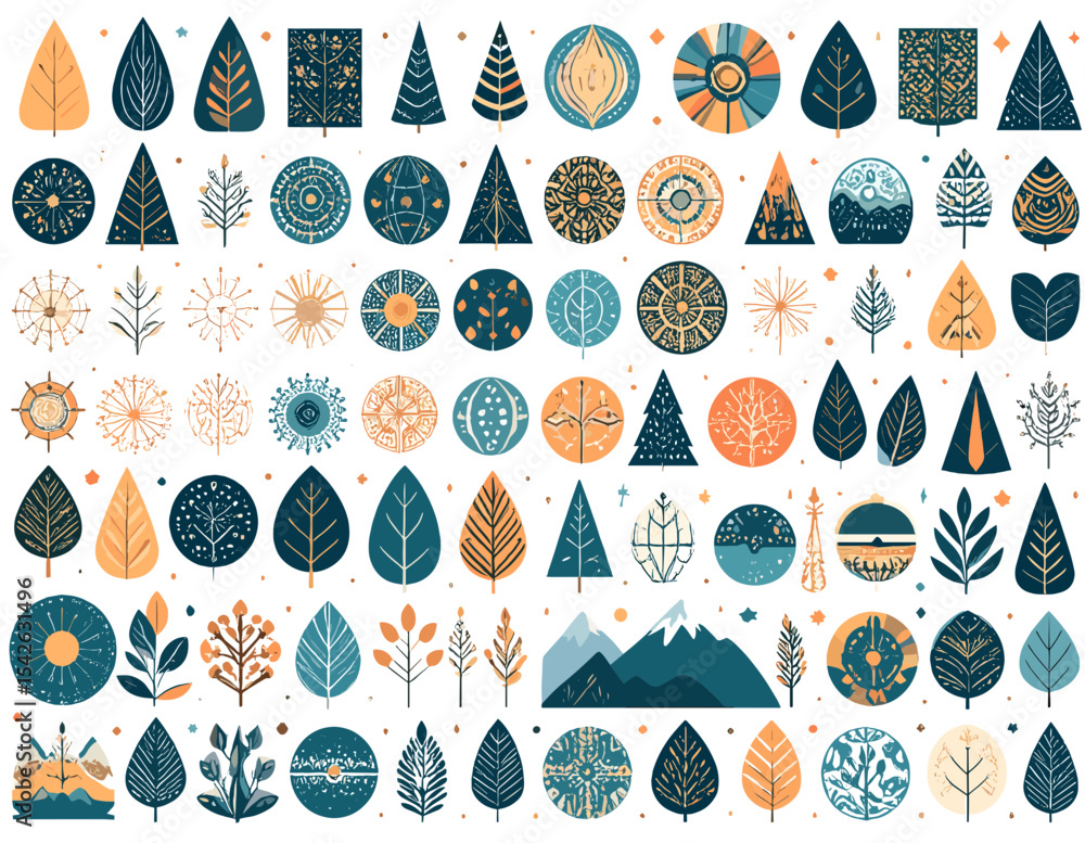 Aufkleber collection of pixelated tree illustrations in teal and orange tones on white background featuring pi