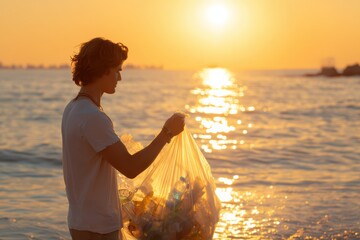 Young man collecting plastic waste along the beach at sunset, promoting environmental awareness and sustainability by engaging in ocean clean-up activities as the sun sets on the horizon.