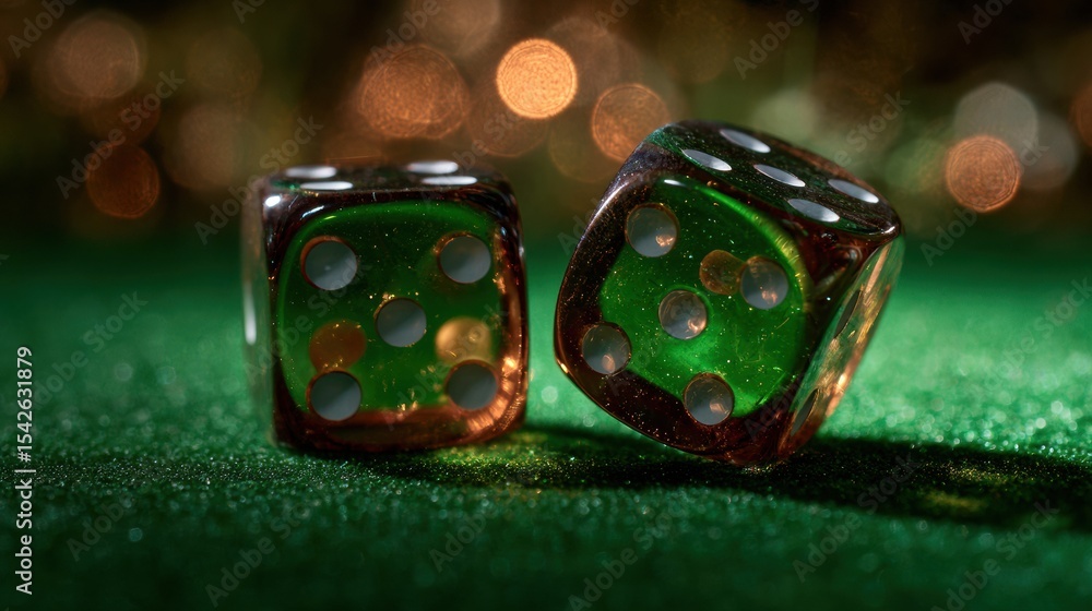 Poster dramatic close-up of spinning dice over vibrant green felt with glowing light source above