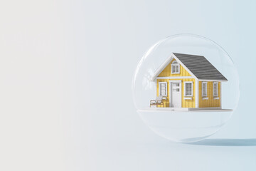 Small cute yellow house in sphere glass real estate concept 3d render