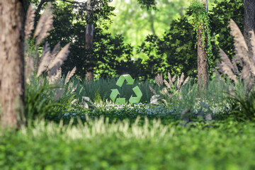 3D render of a green recycle symbol standing in a lush forest, symbolizing sustainability and environmental awareness.