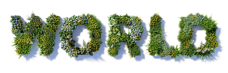 3D render of the word "WORLD" made of colorful flowers and green grass with clipping path. Eco concept isolated on white background.