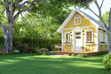 Animation of cute tiny yellow house with empty green lawn 3d render Surrounded by nature.