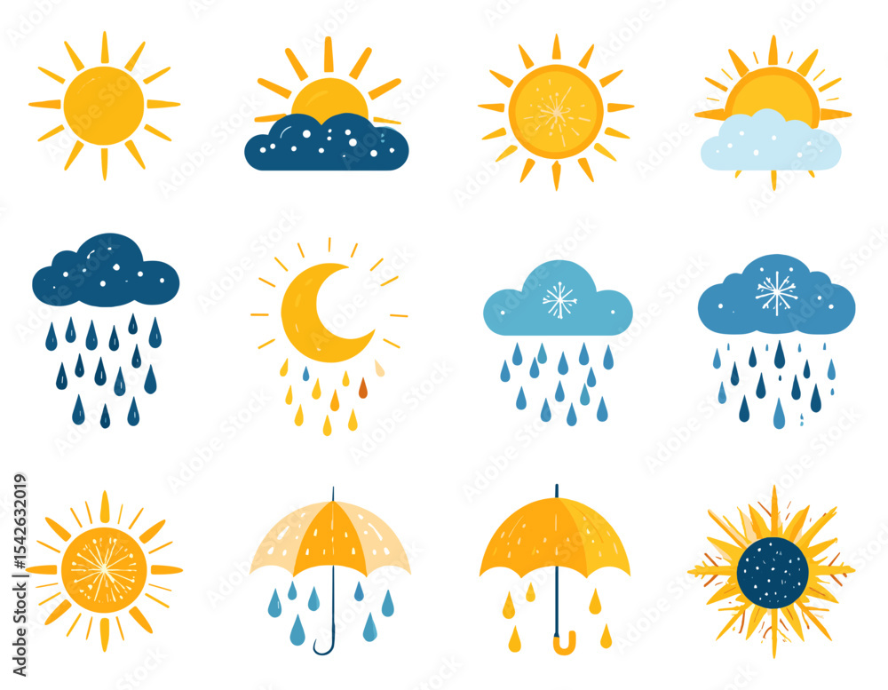 Aufkleber set of weather icons including sun clouds rain and moon in a vector style with light background