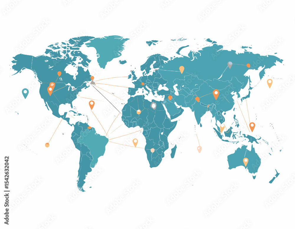 Poster teal and orange world map with location pins representing global network on a white background depic