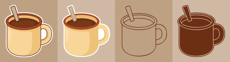 Three Types of Cartoon Style Sticker of Cups with Hot Chocolate or Coffee Inside