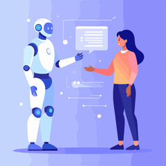 Robot Interacting with Woman on Purple Background for Future Tech Conversation Concept