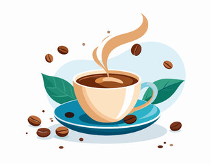 Obraz premium Stylized Pixel Art of Steaming Coffee Cup with Beans and Leaves on White Background